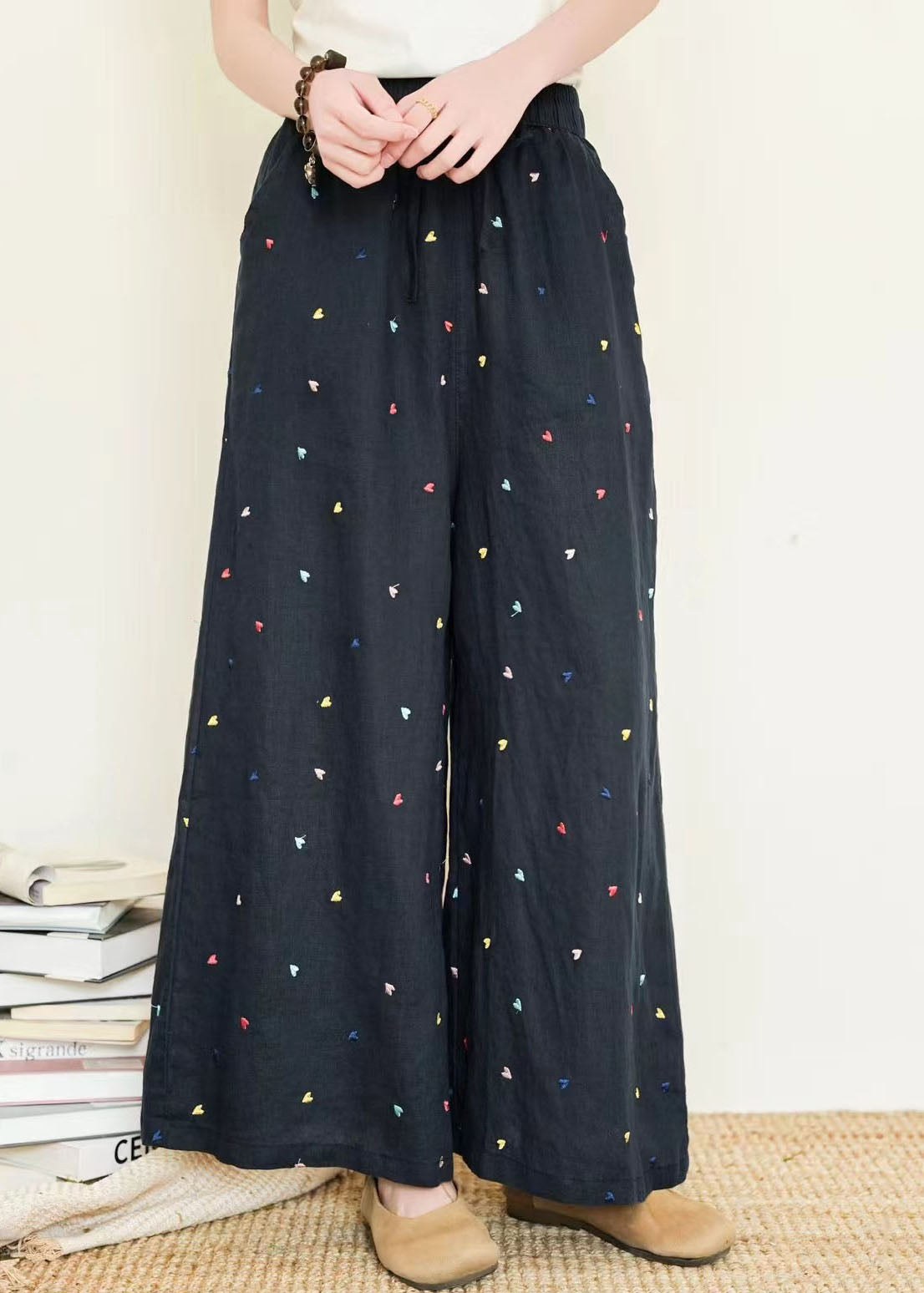 Black Embroidered Linen Wide Leg Pants Summer