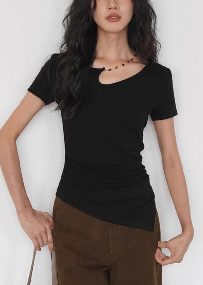 Black Asymmetrical Cotton T Shirt Summer