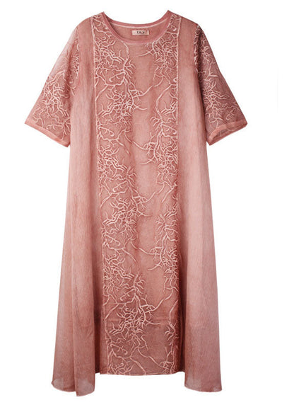 Pink Embroideried Patchwork Chiffon Dress Half Sleeve
