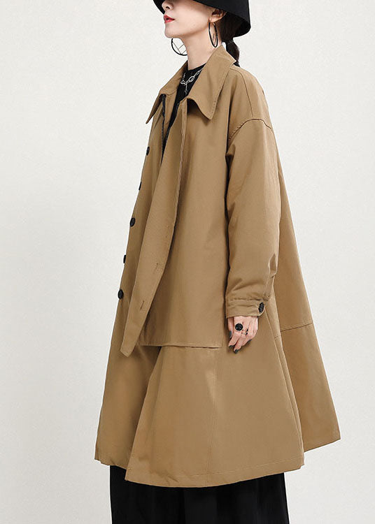 Khaki Peterpan Collar Button Pockets Patchwork Fall Thick Coats Long Sleeve