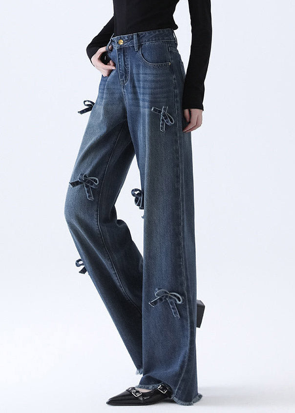 Natural Denim Blue Pockets Patchwork Bow Wide Leg Jeans Spring