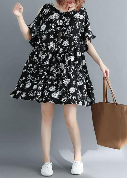 Simple Black Loose Print Summer Party Mini Dress Half Sleeve