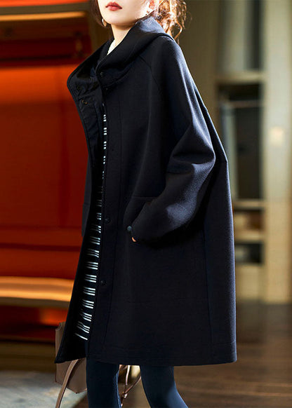 Dark Blue Button Hooded Fleece Coats Fall