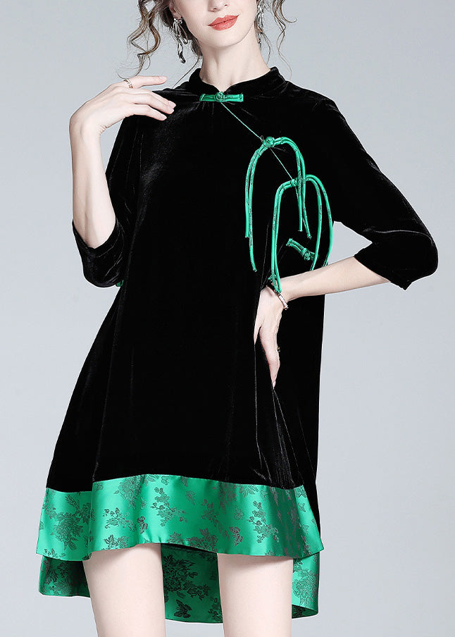 Black Stand Collar Print Low High Design Silk Velour Maxi Dresses Long Sleeve