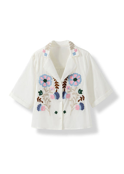 French White Peter Pan Collar Embroidered Cotton Top Summer