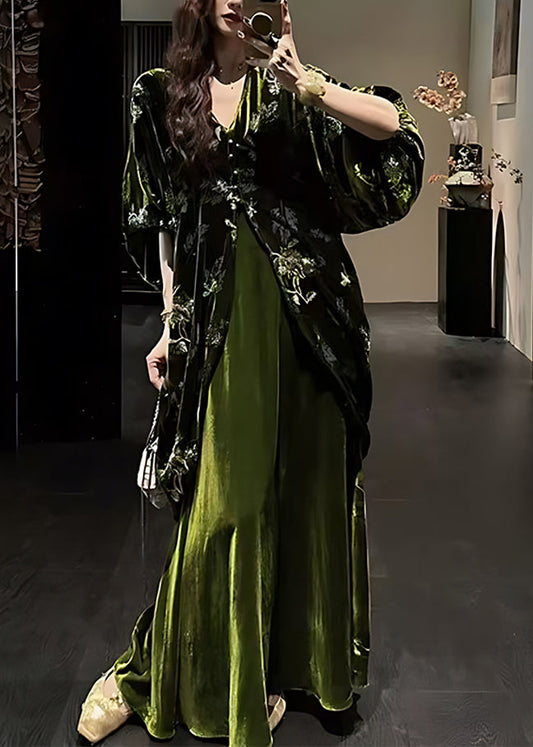 Green V Neck Silk Velvet Coats and Maxi Dress Two Pieces Set Lantern Sleeve