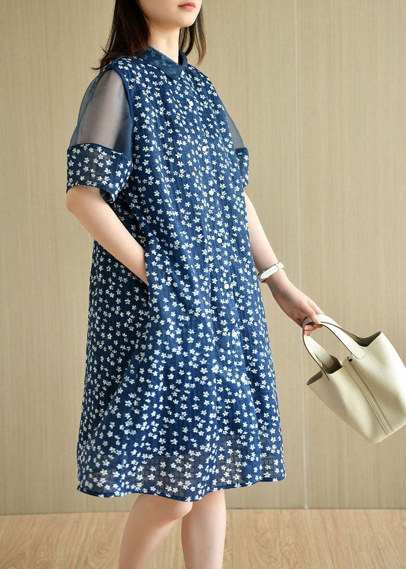 Modern Navy Peter Pan Collar Button Patchwork Tulle Summer Dresses Short Sleeve