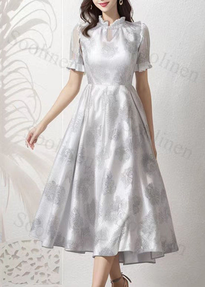 Novelty Silver Stand Collar Ruffled Patchwork Silk Vacation Maxi Dresses Short Sleeve