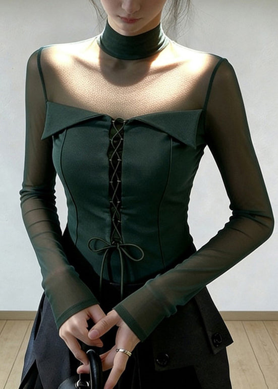 Blackish Green Cross Strap Patchwork Tulle Blouse Tops Spring