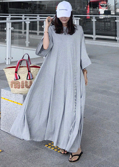 Grey O-neck Asymmetrical Cotton Dress Three Quarter Sleeve