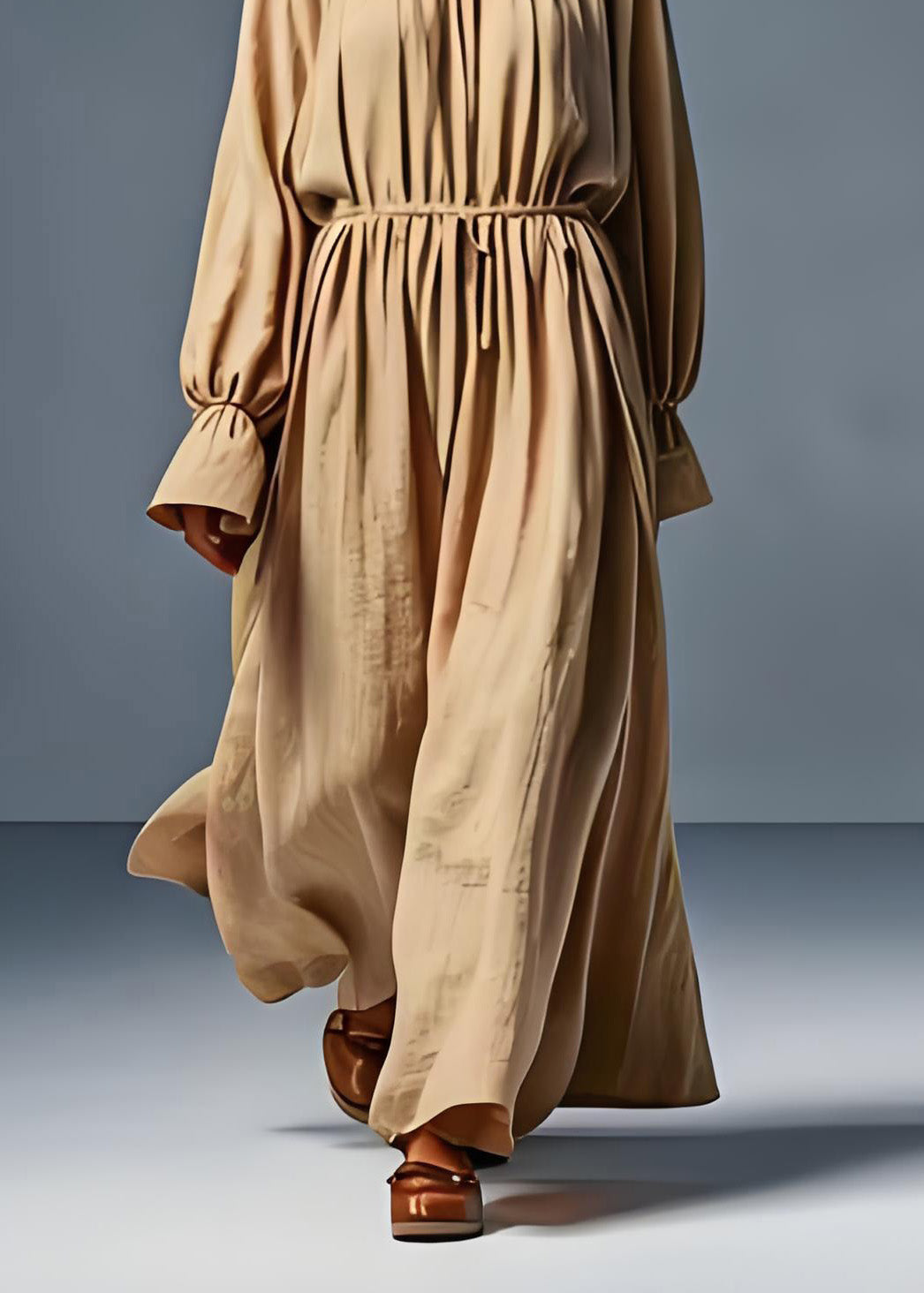 Khaki O Neck Wrinkled Cotton Dress Long Sleeve