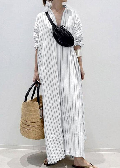 White Peter Pan Collar Striped Maxi Shirts Dresses Long Sleeve
