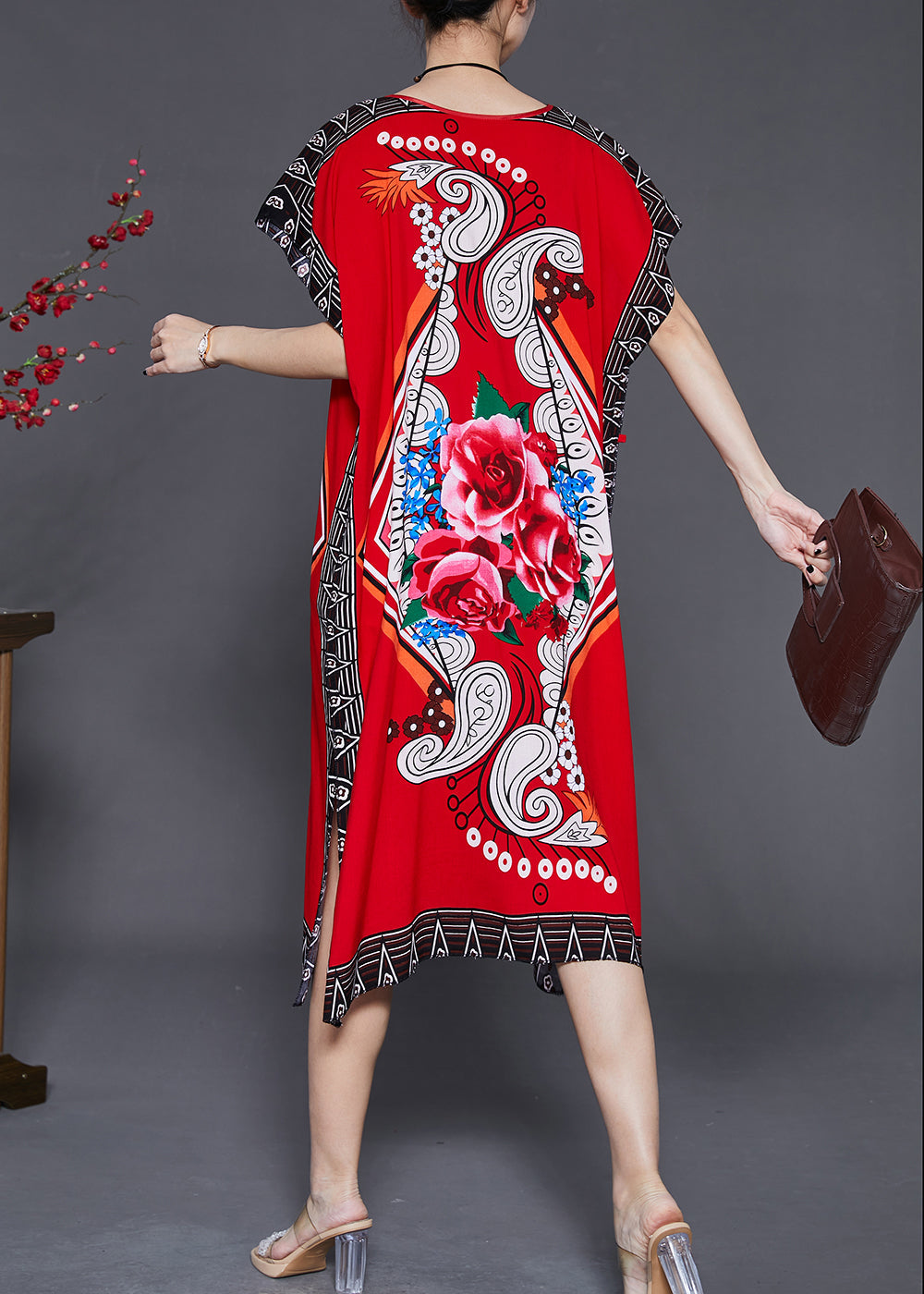 French Red Print Chiffon Long Dress Batwing Sleeve