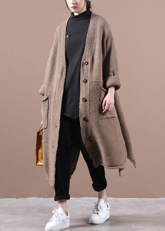 Chocolate V Neck Pockets Fall Long Sweater Coat