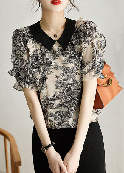 Black Peter Pan Collar Print Patchwork Chiffon Shirt Summer