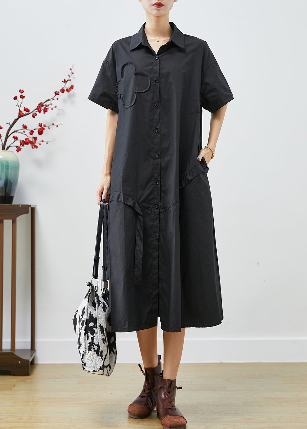 Black Asymmetrical Patchwork Cotton Maxi Dresses Summer