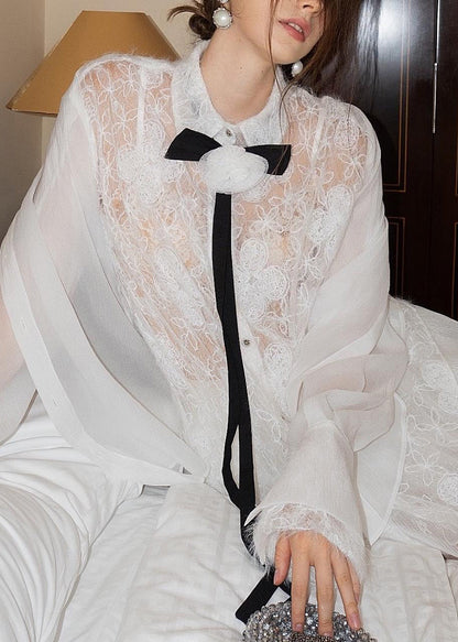 White Embroidered Lace Shirts and Skirts Tulle Two Pieces Set