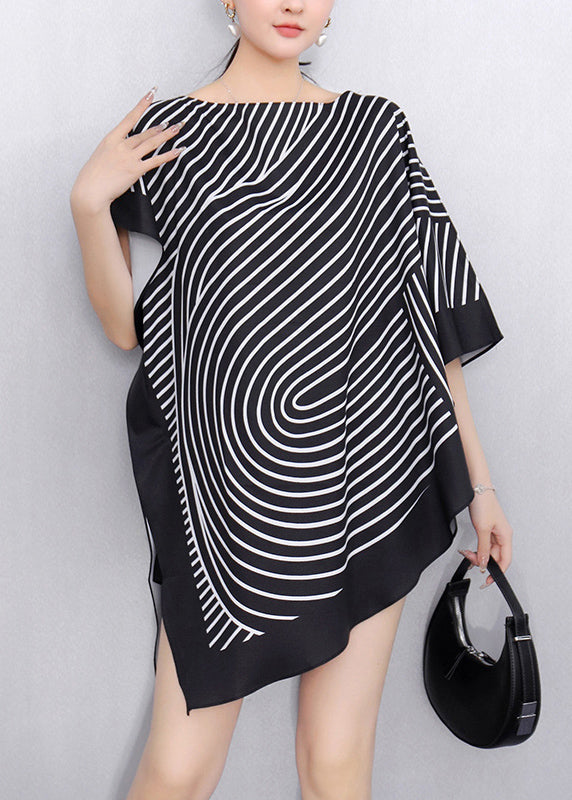 Black Striped O-neck Side Open Short Sleeve