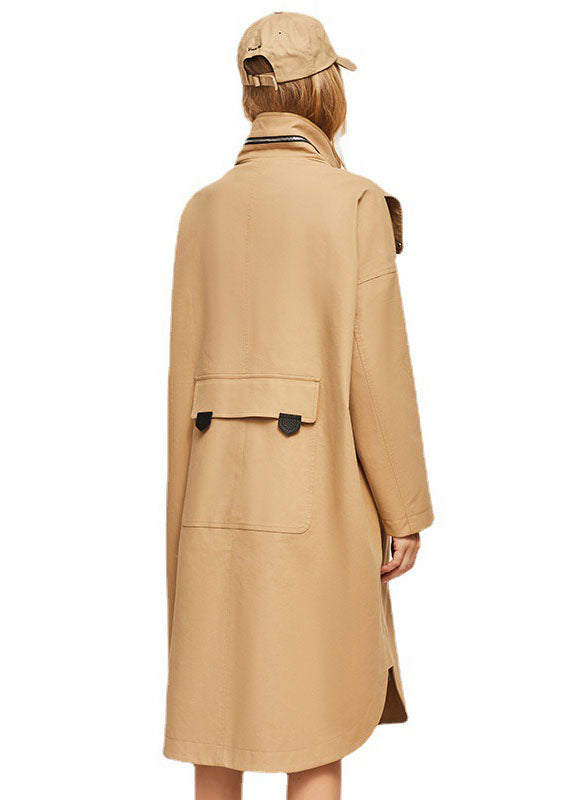 Khaki Hooded Zippered Cotton Cocoon Coats Spring