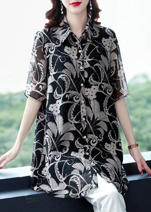 Black Turn-down Collar Print Draping Chiffon Long Shirt for Half Sleeve