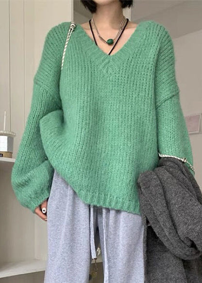 Green V Neck Cotton Knit Sweaters Long Sleeve