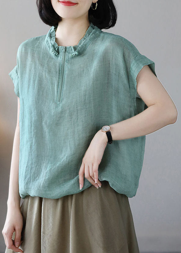 Green Zip Up Drawstring Cotton Sweatshirts Top Short Sleeve