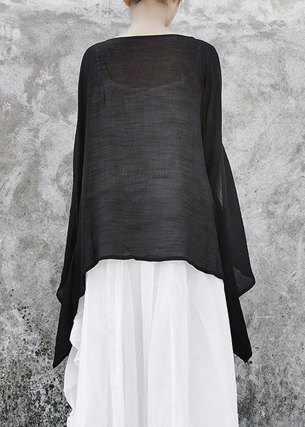 Black Baggy Linen Upf 50+ Tops Asymmetrical Batwing Sleeve