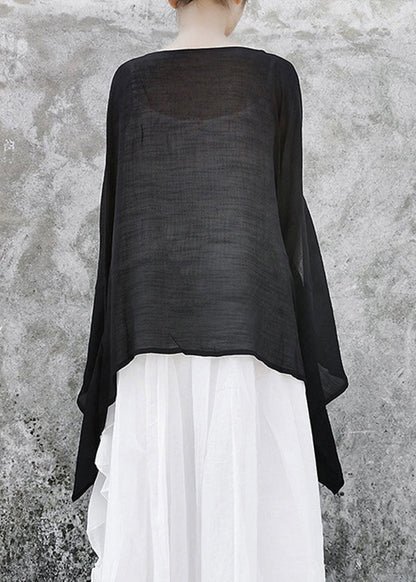 Black Baggy Linen Upf 50+ Tops Asymmetrical Batwing Sleeve