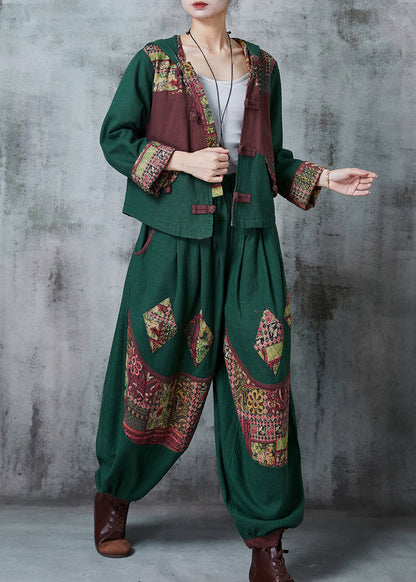 Green Chinese Button Patchwork Cotton Two Piece Set Spring
