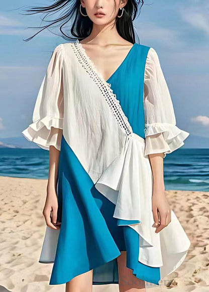 White V Neck Patchwork Cotton Dress Butterfly Sleeve