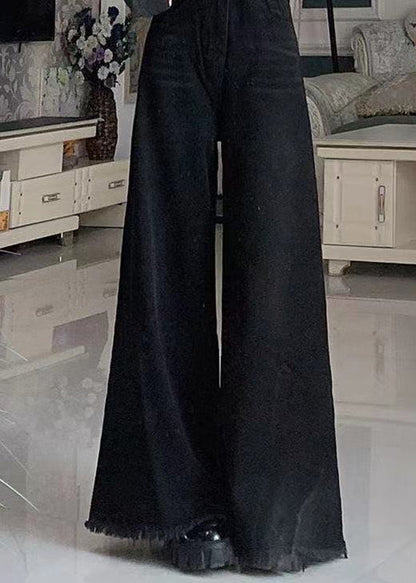 Black Tasseled Pockets Denim Wide Leg Pants Spring