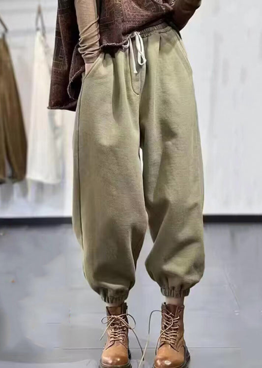 Green Pockets Elastic Waist Warm Fleece Pants Spring