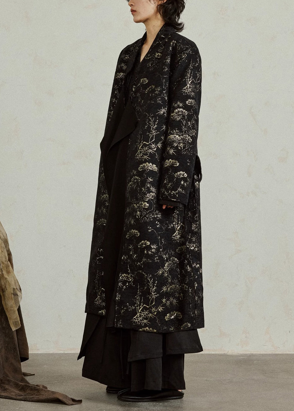 Black V Neck Tie Waist Jacquard Maxi Coats Fall