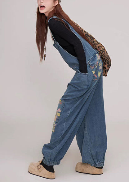 Blue Print Pockets Patchwork Denim Jumpsuit Summer
