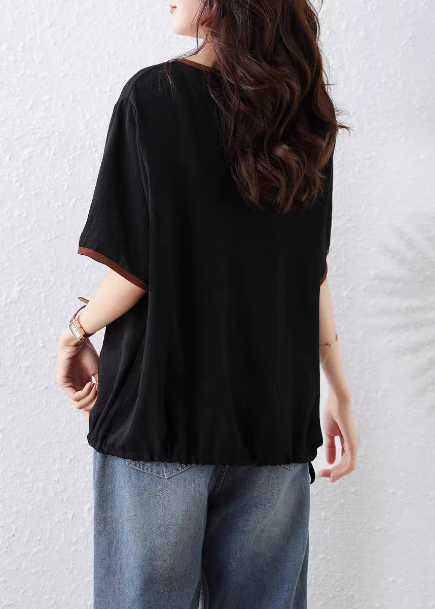 Black O Neck Print Lace Up Cotton T Shirt Summer