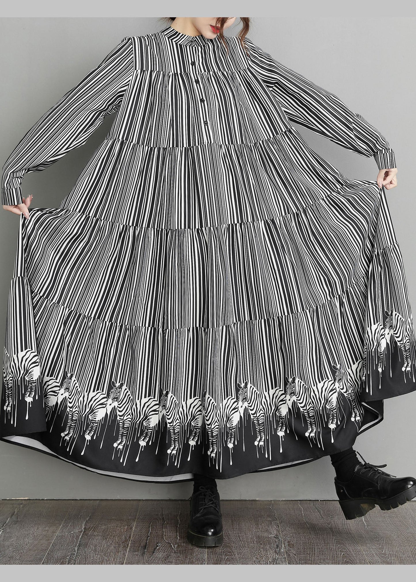 Black Peter Pan Collar Striped Patchwork Dress Spring
