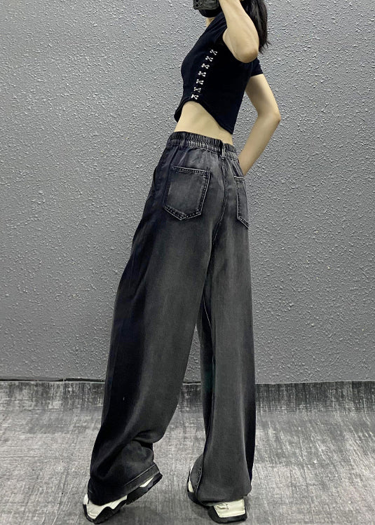 Black Grey Pockets Patchwork Denim Wide Leg Pants Fall