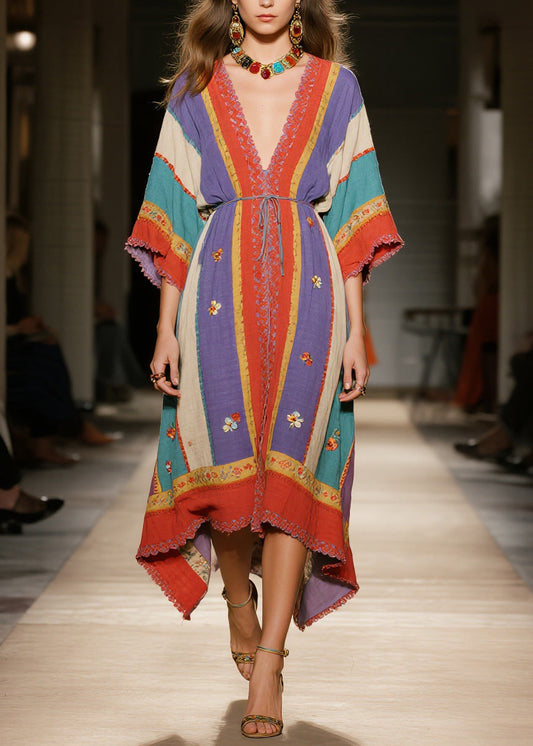 Colorblock V Neck Patchwork Cotton Dress Summer