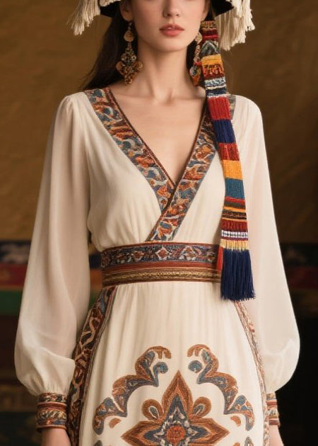 White V Neck Print Chiffon Tunic Dresses Fall