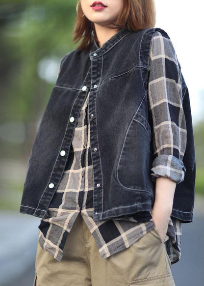 Fitted Black Stand Collar Pockets Button Fall Top Sleeveless Waistcoat