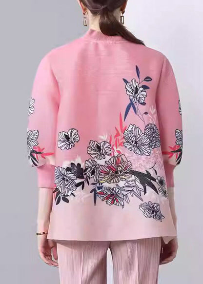 Pink Stand Collar Print Button Silk Coats Fall