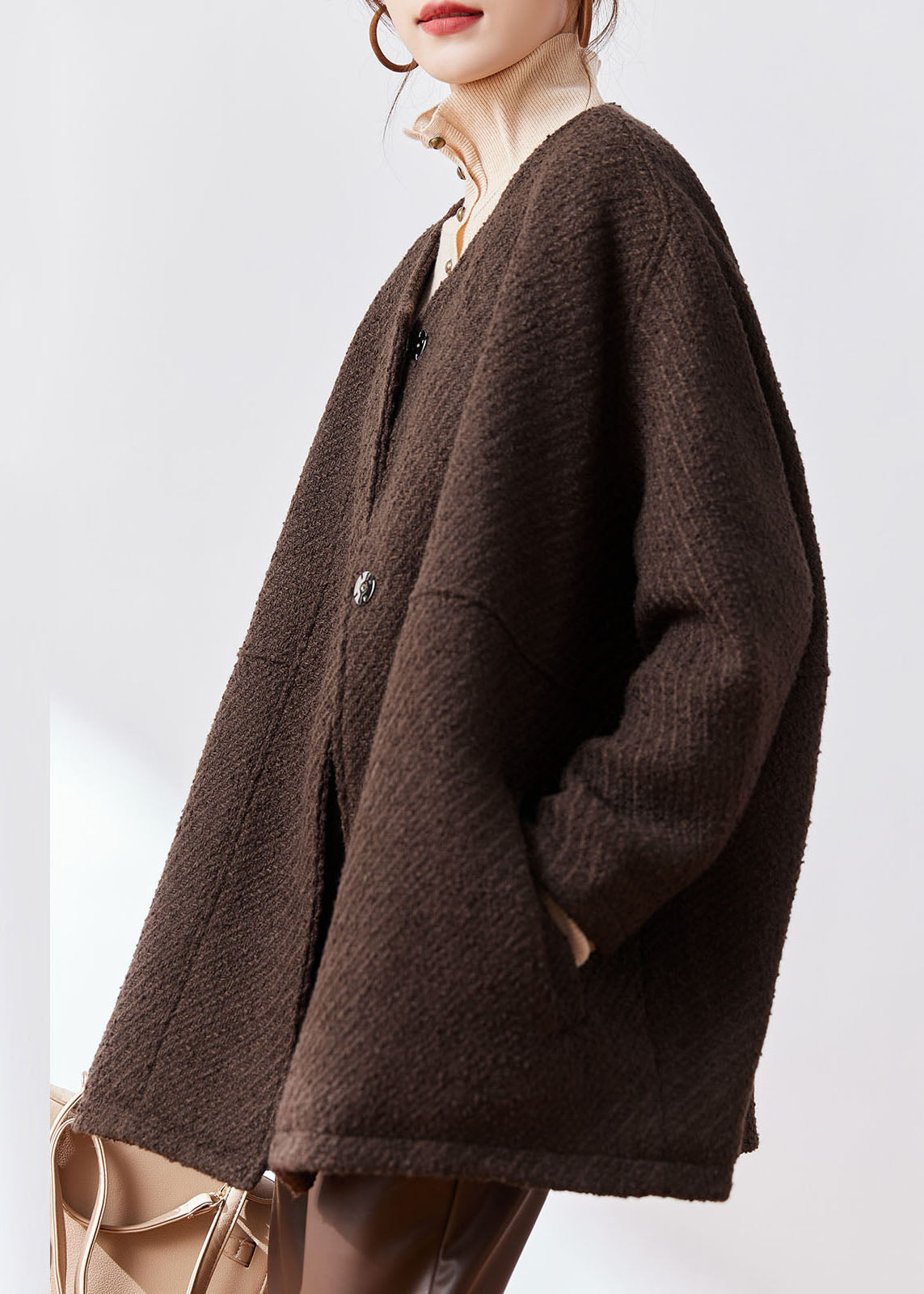 Coffee Button Patchwork Cozy Woolen Coat Fall