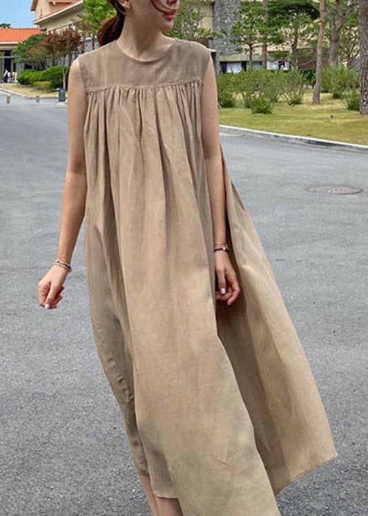 Simple Khaki O-neck Cotton Long Dresses Sleeveless