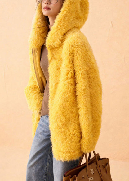 Simple Yellow Hooded Teddy Faux Fur Coats Winter