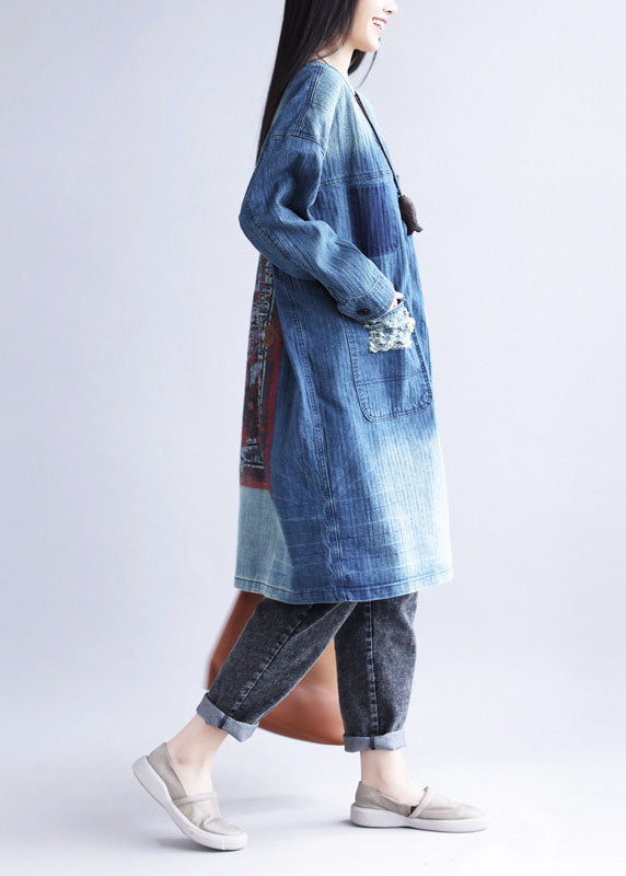 Blue V Neck Ripped Pockets Print Cotton Denim Trench Spring