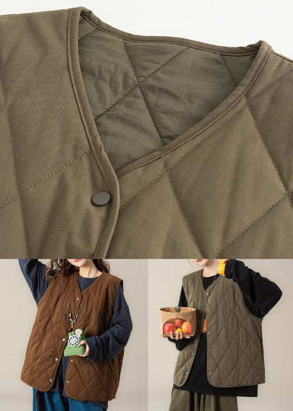 Coffee V Neck Button Cotton Filled Two Pieces Set Sleeveless