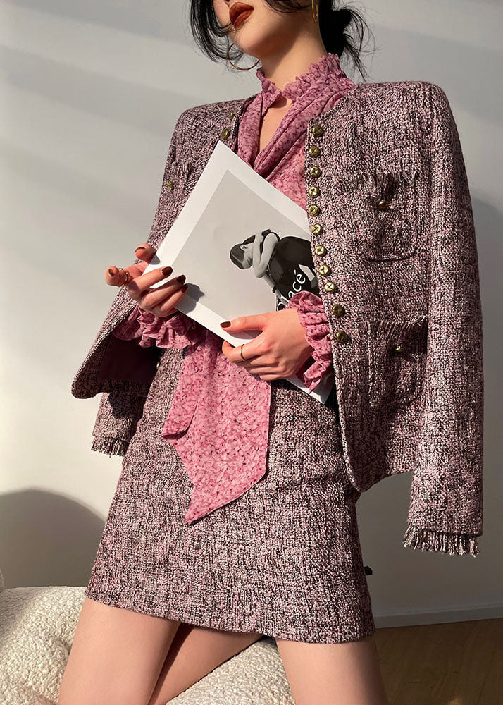 Boutique Light Purple O-neck Tassel Button Cotton Coats and Skirts Two-piece Set Fall