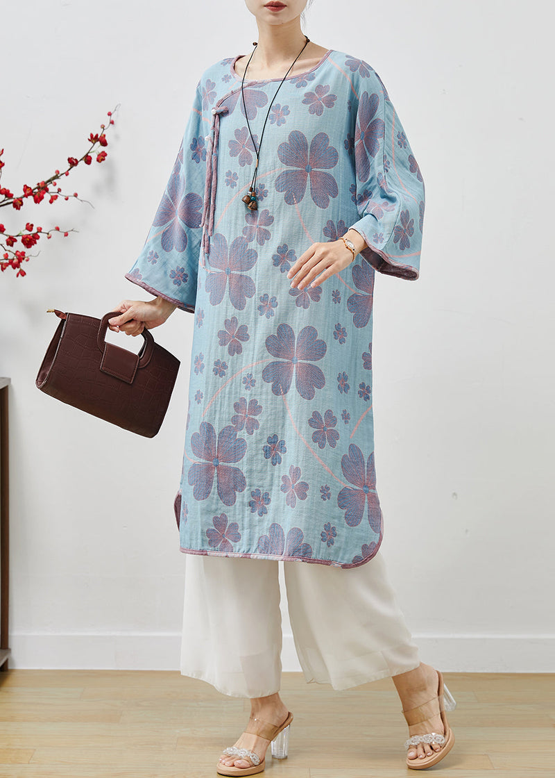 Blue Oversized Print Cotton Long Dresses Spring