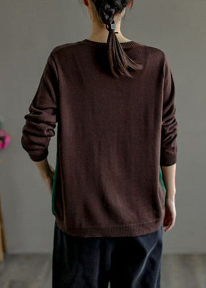 Chocolate Purple O-neck Patchwork Knit Sweater Top Long Sleeve