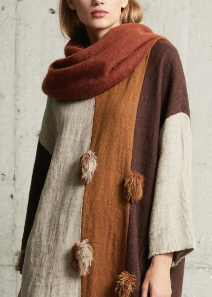 Classy Colorblock Oversized Patchwork Fuzzy Ball Decorated Dress Fall